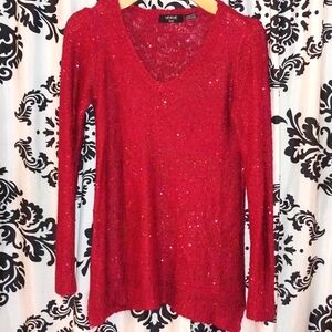 Sparkly Red V-Neck Sweater with Sequin Detail